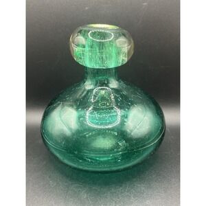 Aqua Bubbled Bulbous Glass Flower Vase‎ w/ Bubbles Vintage